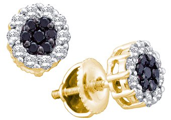 .50 CARAT BRILLIANT ROUND CUT BLACK DIAMOND HALO STUD EARRINGS YELLOW GOLD