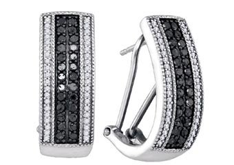WOMENS .88 CARAT BLACK DIAMOND HOOP EARRINGS ROUND CUT PAVE 14KT WHITE GOLD