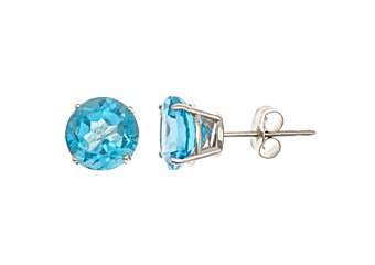3 CARAT BLUE TOPAZ STUD EARRINGS 7mm ROUND 14KT WHITE GOLD DECEMBER BIRTH STONE