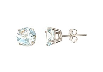 2.5 CARAT AQUAMARINE STUD EARRINGS 7mm ROUND 14KT WHITE GOLD MARCH BIRTH STONE