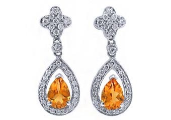 WOMENS 2 CARAT PEAR SHAPE ORANGE TOPAZ DIAMOND DANGLE EARRINGS WHITE GOLD