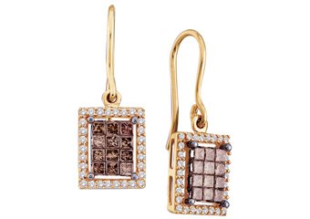 1 CARAT PRINCESS SQUARE BROWN CHAMPAGNE DIAMOND HALO DANGLE EARRINGS YELLOW GOLD