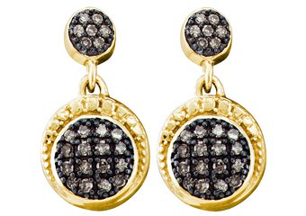 .25 CARAT BRILLIANT ROUND BROWN CHAMPAGNE DIAMOND DANGLE EARRINGS YELLOW GOLD