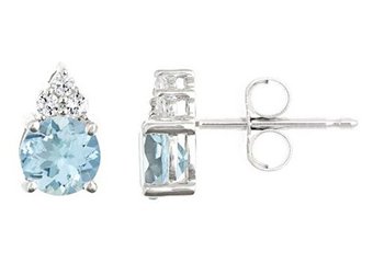 WHITE GOLD AQUAMARINE & DIAMOND STUD EARRINGS BRILLIANT ROUND CUT 6mm 14KT