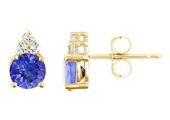 YELLOW GOLD TANZANITE & DIAMOND STUD EARRINGS BRILLIANT ROUND CUT 6mm 14KT
