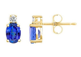 YELLOW GOLD TANZANITE & DIAMOND STUD EARRINGS OVAL SHAPE 7mmx5mm 14KT