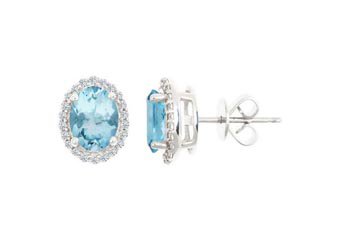 2.40 CARAT AQUAMARINE & DIAMOND STUD HALO EARRINGS OVAL SHAPE WHITE GOLD