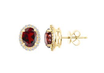 3.00 CARAT GARNET & DIAMOND STUD HALO EARRINGS OVAL SHAPE YELLOW GOLD