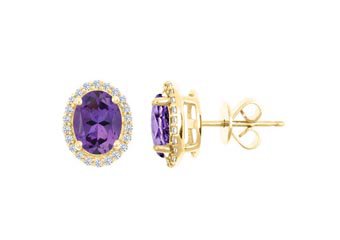 2.60 CARAT AMETHYST & DIAMOND STUD HALO EARRINGS OVAL SHAPE YELLOW GOLD