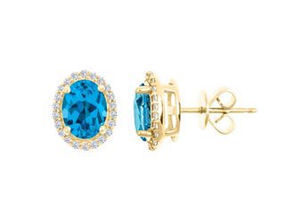 3.40 CARAT BLUE TOPAZ & DIAMOND STUD HALO EARRINGS OVAL SHAPE YELLOW GOLD
