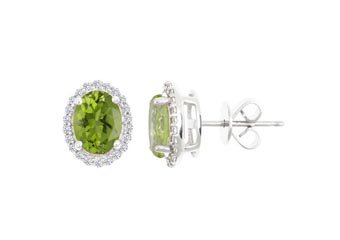 2.90 CARAT PERIDOT & DIAMOND STUD HALO EARRINGS OVAL SHAPE WHITE GOLD