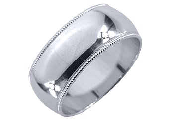 MENS WEDDING BAND ENGAGEMENT RING WHITE GOLD GLOSS FINISH MILGRAIN 8mm