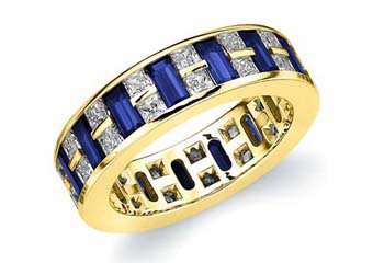 DIAMOND & BLUE SAPPHIRE ETERNITY BAND WEDDING RING PRINCESS CUT YELLOW GOLD