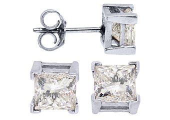 2.45 CARAT PRINCESS SQUARE CUT DIAMOND STUD EARRINGS 14KT WHITE GOLD