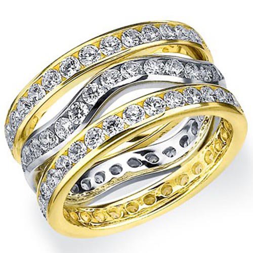 WOMENS DIAMOND ETERNITY BAND WEDDING RING ROUND 14KT WHITE & YELLOW GOLD 3-ROW