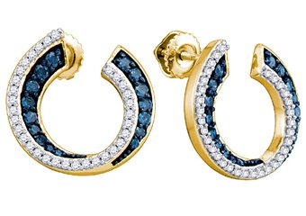 .75 CARAT BRILLIANT ROUND CUT BLUE DIAMOND HOOP EARRINGS YELLOW GOLD
