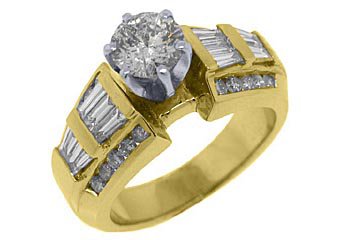 1.9 CARAT WOMENS DIAMOND ENGAGEMENT WEDDING RING ROUND BAGUETTE CUT YELLOW GOLD