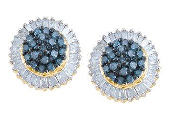 1 CARAT ROUND & BAGUETTE BLUE DIAMOND HALO STUD EARRINGS YELLOW GOLD