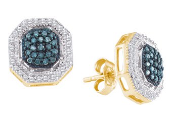 .40 CARAT BRILLIANT ROUND BLUE DIAMOND HEXAGON STUD HALO EARRINGS YELLOW GOLD
