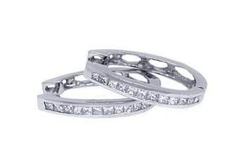 WOMENS 1 CARAT CHANNEL SET PRINCESS DIAMOND HOOP EARRINGS WHITE GOLD