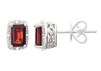 1.42CT GARNET DIAMOND HALO STUD EARRINGS EMERALD CUT SILVER JANUARY BIRTHSTONE