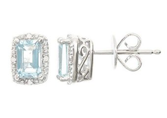 1.02CT AQUAMARINE DIAMOND HALO STUD EARRINGS EMERALD CUT NOVEMBER BIRTHSTONE