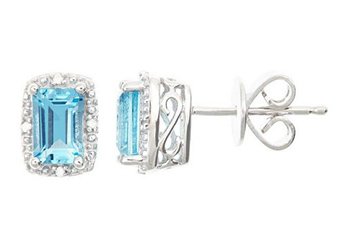 1CT BLUE TOPAZ DIAMOND HALO STUD EARRINGS EMERALD CUT SILVER DECEMBER BIRTHSTONE