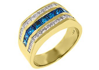MENS 14KT YELLOW GOLD BLUE DIAMOND RING WEDDING BAND PRINCESS SQUARE CUT