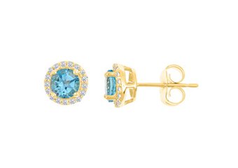 1.28 CARAT BLUE TOPAZ & DIAMOND STUD HALO EARRINGS 7mm ROUND DEC BIRTH STONE