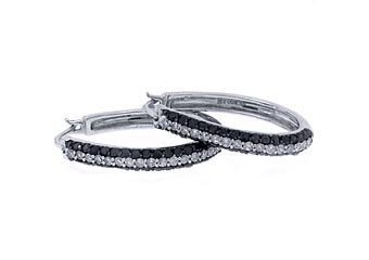 WOMENS 1 CARAT ROUND CUT BLACK DIAMOND HOOP EARRINGS 10KT WHITE GOLD
