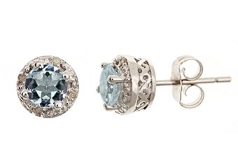 .85CT AQUAMARINE DIAMOND HALO STUD EARRINGS 5mm ROUND SILVER NOVEMBER BIRTHSTONE