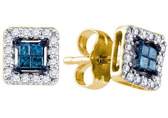 .26 CARAT SQUARE CUT INVISIBLE BLUE DIAMOND STUD HALO EARRINGS YELLOW GOLD