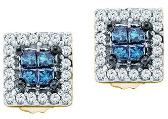 .33 CARAT SQUARE CUT INVISIBLE BLUE DIAMOND STUD HALO EARRINGS YELLOW GOLD