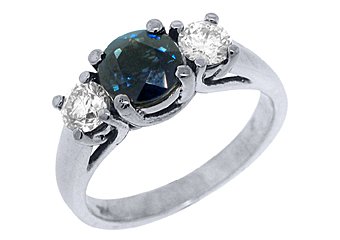WOMENS BLUE SAPPHIRE DIAMOND ENGAGEMENT RING 3 STONE ROUND CUT WHITE GOLD