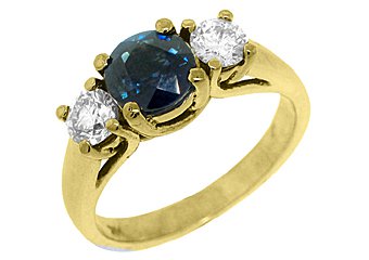 WOMENS BLUE SAPPHIRE DIAMOND ENGAGEMENT RING 3 STONE ROUND CUT YELLOW GOLD
