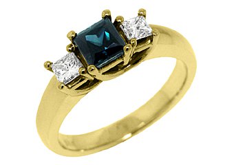 WOMENS BLUE SAPPHIRE DIAMOND ENGAGEMENT RING 3 STONE PRINCESS CUT YELLOW GOLD