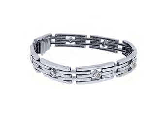 Mens Diamond Link Bracelet 1.12 Carat Princess Square Cut Bezel 14KT White Gold