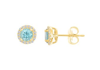 BLUE ZIRCON & ROUND DIAMOND STUD HALO EARRINGS 6mm 14KT YELLOW GOLD