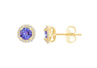 TANZANITE & ROUND DIAMOND STUD HALO EARRINGS 6mm 14KT YELLOW GOLD