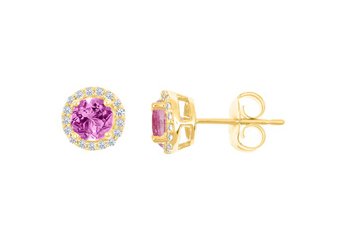 PINK SAPPHIRE & ROUND DIAMOND STUD HALO EARRINGS 6mm 14KT YELLOW GOLD