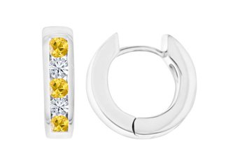 YELLOW SAPPHIRE & DIAMOND HOOP EARRINGS BRILLIANT ROUND CUT 14KT WHITE GOLD