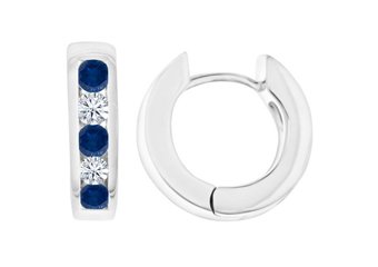 BLUE SAPPHIRE & DIAMOND HOOP EARRINGS BRILLIANT ROUND CUT 14KT WHITE GOLD