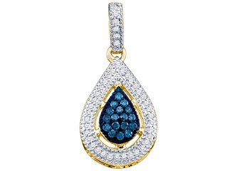 .21 Carat Blue Diamond Pendant Tear Brilliant Round Cut Micro Pave Yellow Gold