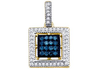.21 Carat Blue Diamond Pendant Square Brilliant Round Cut Micro Pave Yellow Gold