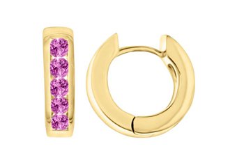 PINK SAPPHIRE HOOP EARRINGS BRILLIANT ROUND CUT 14KT YELLOW GOLD