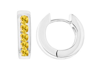 YELLOW SAPPHIRE HOOP EARRINGS BRILLIANT ROUND CUT 14KT WHITE GOLD
