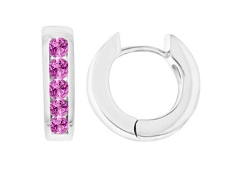 PINK SAPPHIRE HOOP EARRINGS BRILLIANT ROUND CUT 14KT WHITE GOLD
