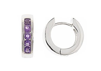 AMETHYST HOOP EARRINGS BRILLIANT ROUND CUT 14KT WHITE GOLD