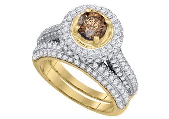 WOMENS COGNAC CHAMPAGNE DIAMOND ENGAGEMENT HALO RING WEDDING BAND BRIDAL SET