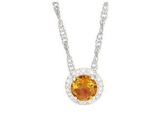 CITRINE & DIAMOND HALO PENDANT 7mm BRILLIANT ROUND CUT 925 SILVER w 18" CHAIN